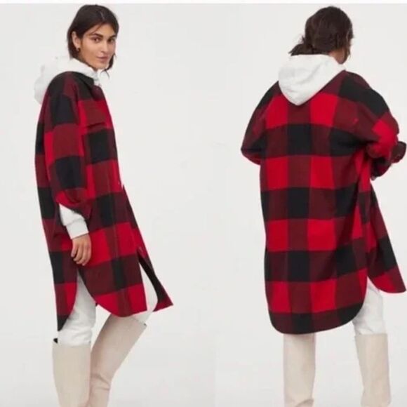 H&M Plaid Oversized Shirt Jacket Shacket Red Black Small Blogger Favorite - Picture 1 of 15